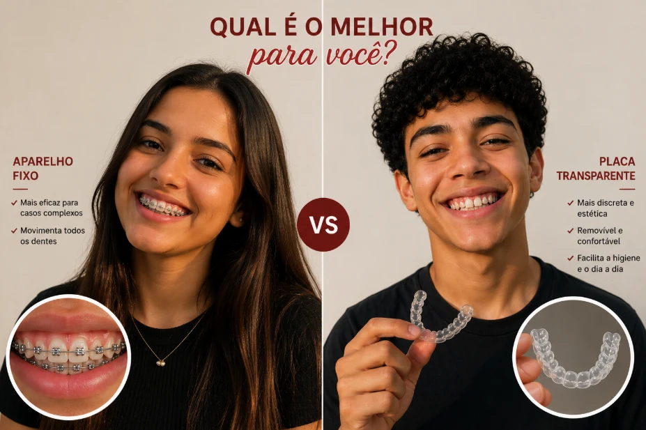 Infográfico comparando aparelho fixo e placa transparente: indicações, eficácia em casos complexos, discrição e higiene