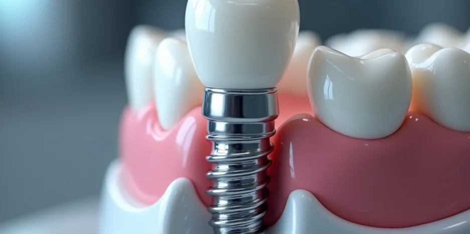 Modelo anatômico de implante dentário com pino de titânio, gengiva e coroa protética