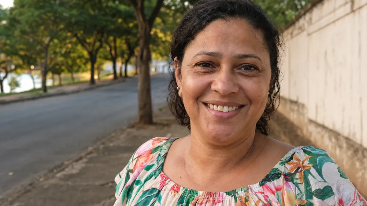 Mulher de aproximadamente 45 anos, moradora de Venda Nova, sorrindo com dentes naturais após implante dentário na Sobilis Odontologia, bairro Itapoã, Belo Horizonte