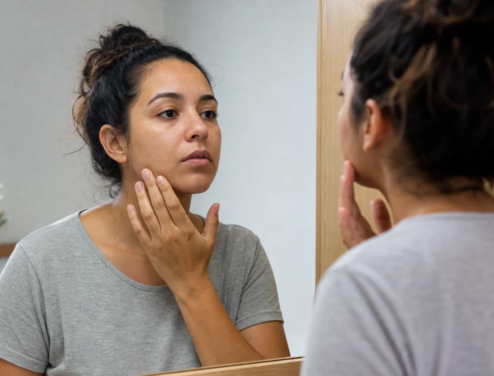 Paciente analisando linhas de expressão no espelho antes da avaliação de harmonização facial