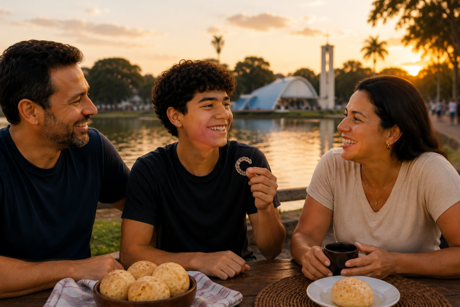 Contenção e resultado: família à beira da Lagoa da Pampulha, Belo Horizonte; adolescente segura contenção ortodôntica transparente.