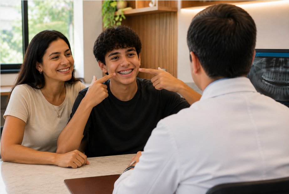 Instalação e acompanhamento: adolescente com aparelho fixo em consulta com familiar e dentista (de costas) na Sobilis, Belo Horizonte.