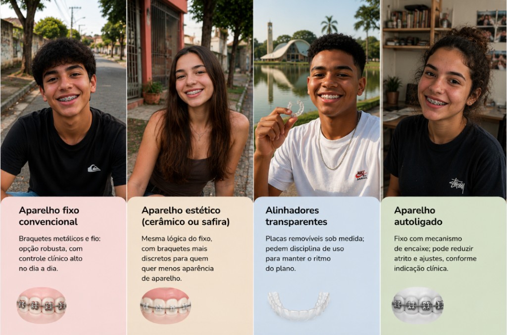 Resumo visual das opções de ortodontia na Sobilis — contextos de tratamento e tipos de aparelho.