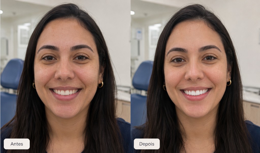 Imagem ilustrativa — facetas em resina, antes e depois (educativo); consultório ao fundo; resultados individuais podem variar