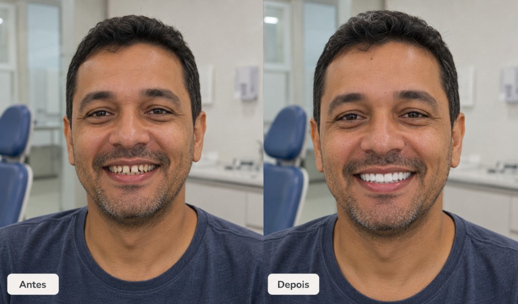 Imagem ilustrativa — lentes em resina, antes e depois (educativo); consultório ao fundo; resultados individuais podem variar